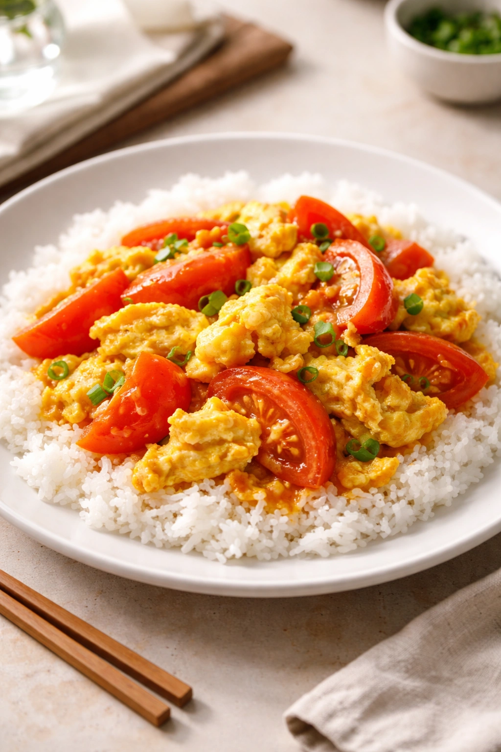 Plate of tomato and egg stir fry over rice with glossy sauce on a neutral background