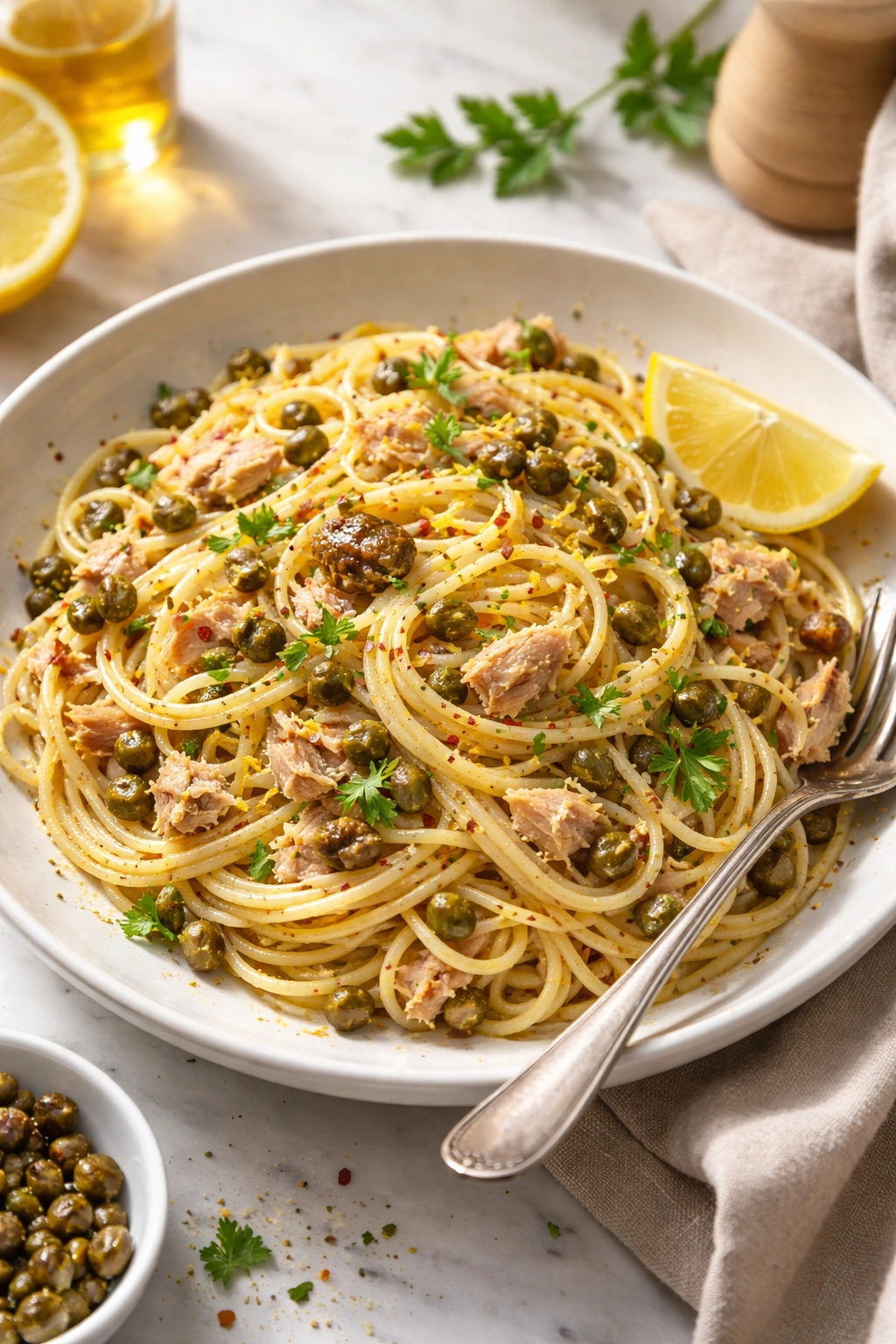 Pasta with tuna, capers, and lemon on plate in warm light